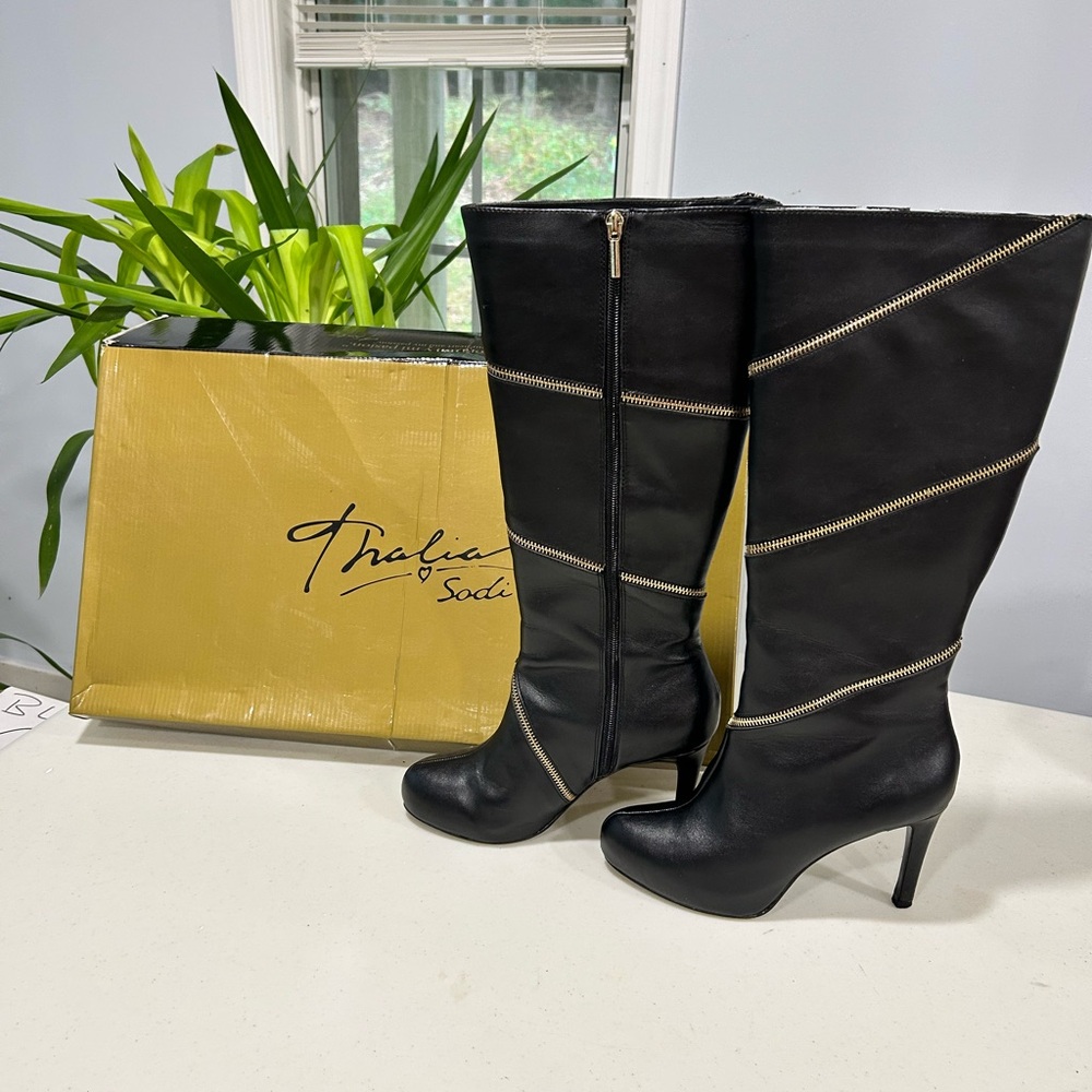 Thalia Sodi Black Heeled Boots with Gold Zipper Accents